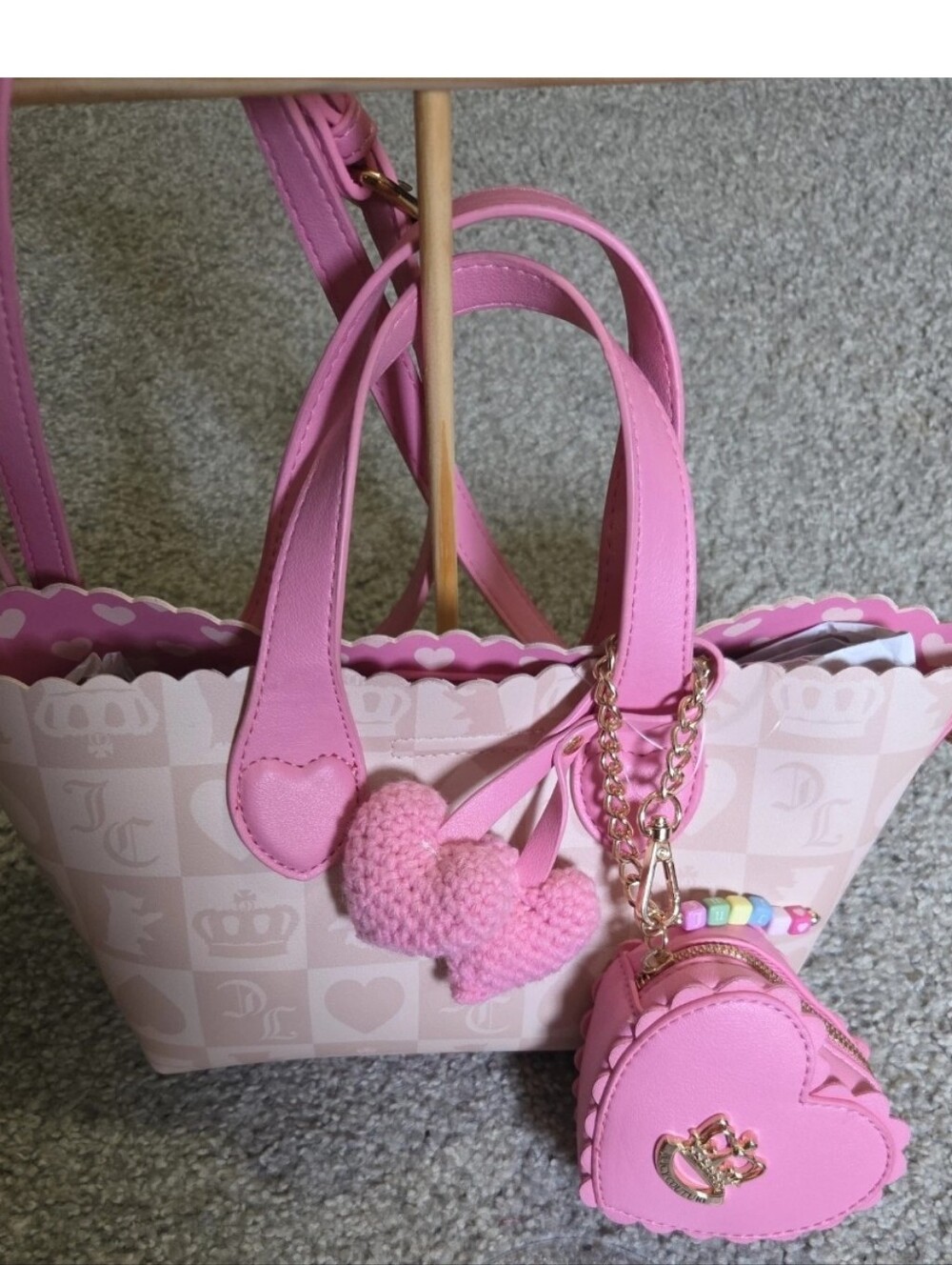 Juicy Couture Sweet Break Time Mini Tote Bag Sandstone Pink Heart NWT Charms